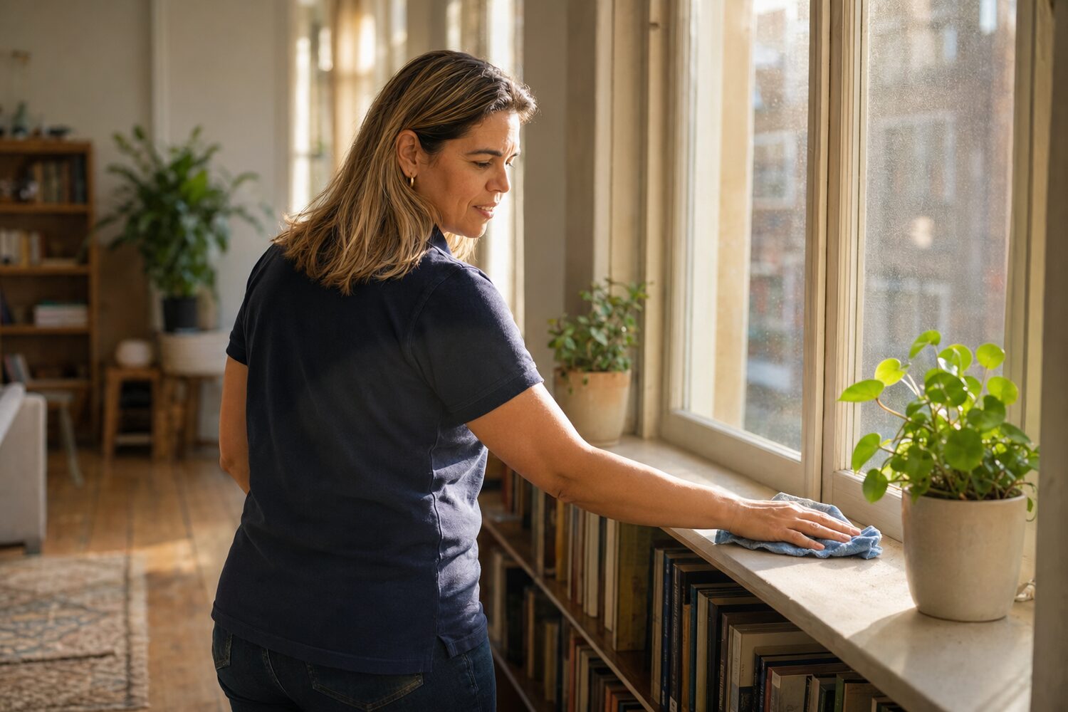 Soraya neemt een vensterbank af bij het raam
